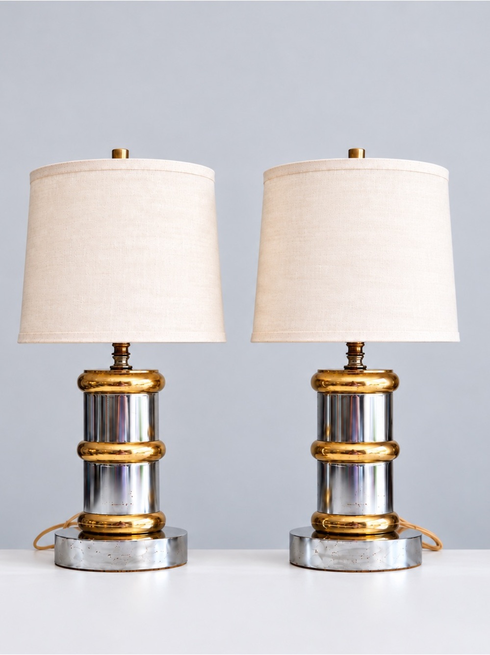 Vintage 1970s Hollywood Regency Mod Chrome & Brass Segmented Column Table Lamp